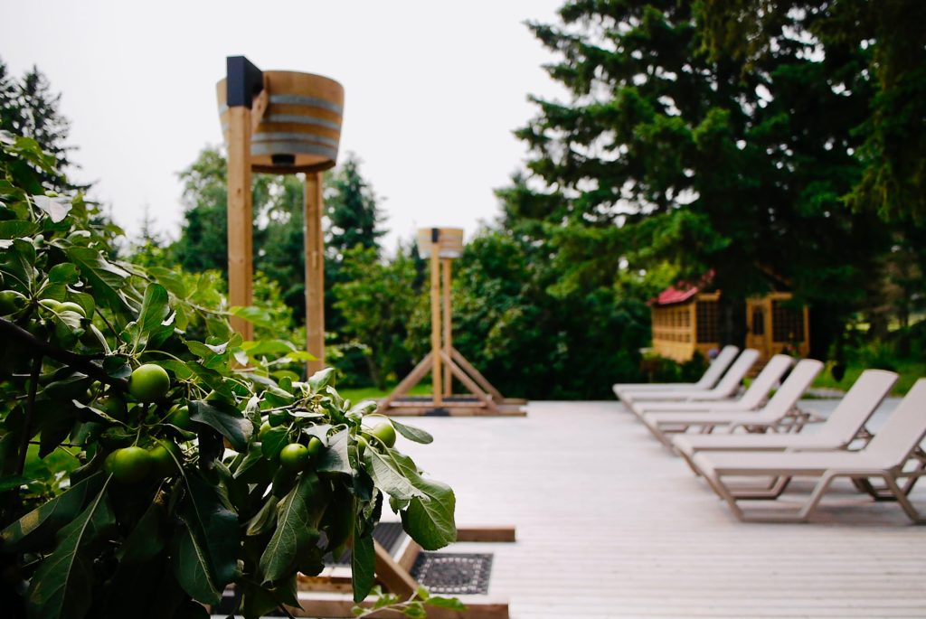 Deck lounging in an orchard